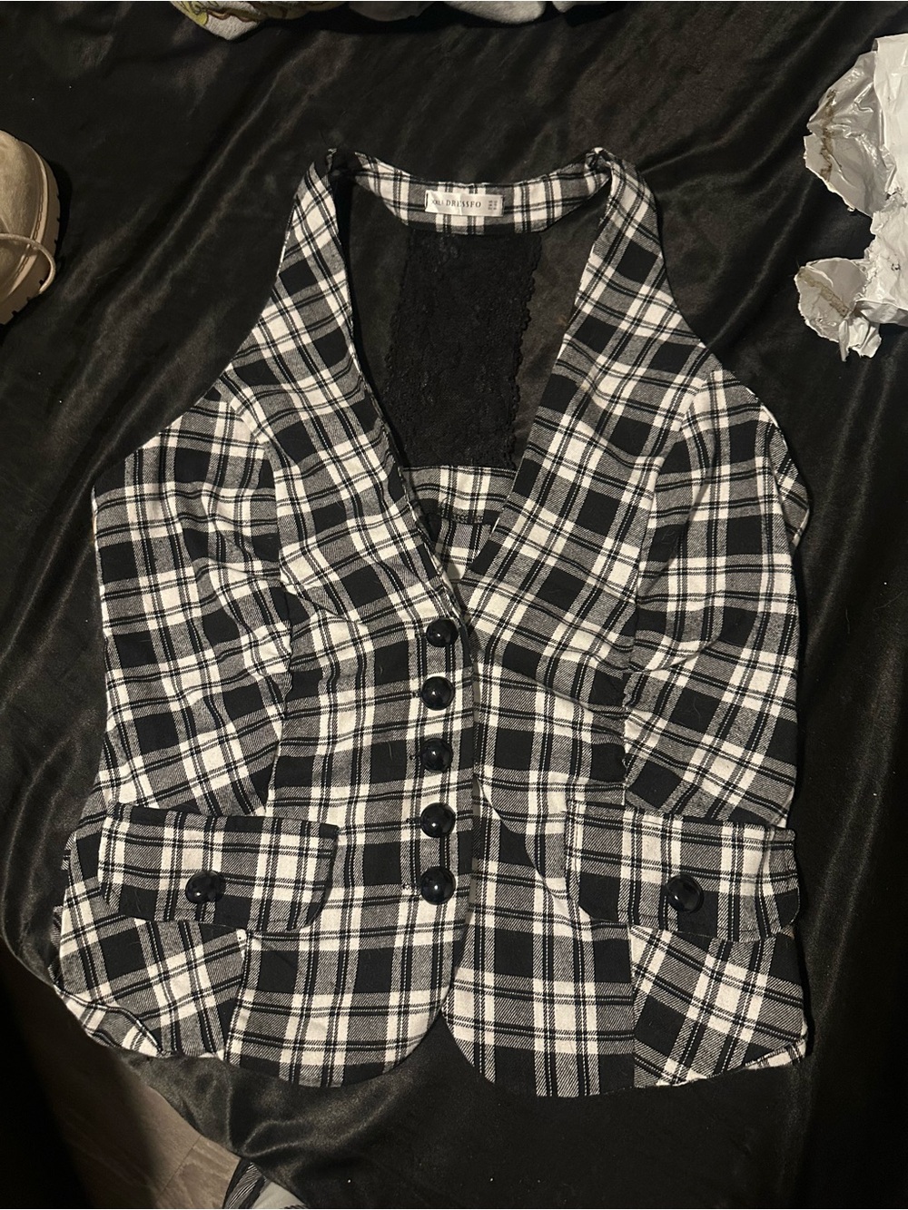 Black & White Plaid Tailored Vest - Women's Sleeveless Blazer